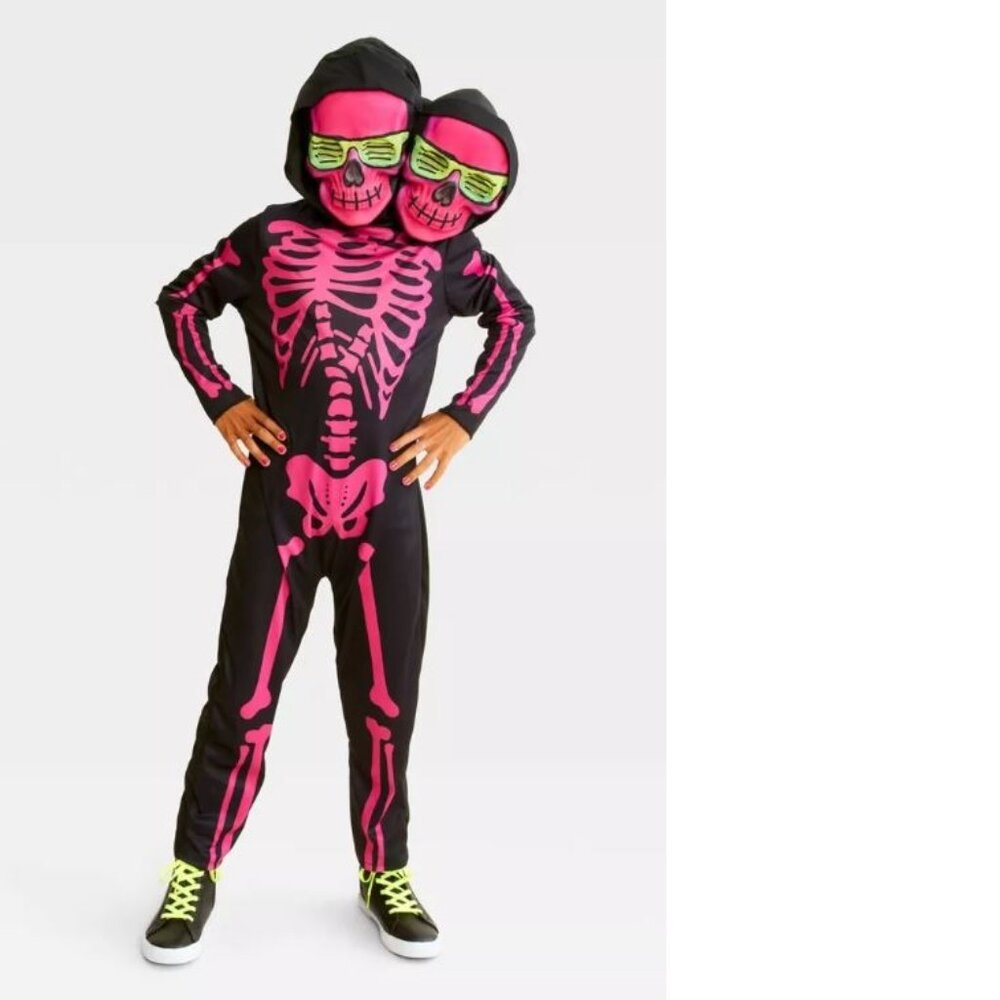 2 Headed Skeleton Halloween Costume 10/12 Hooded Mask Jumpsuit Black Pink Girls